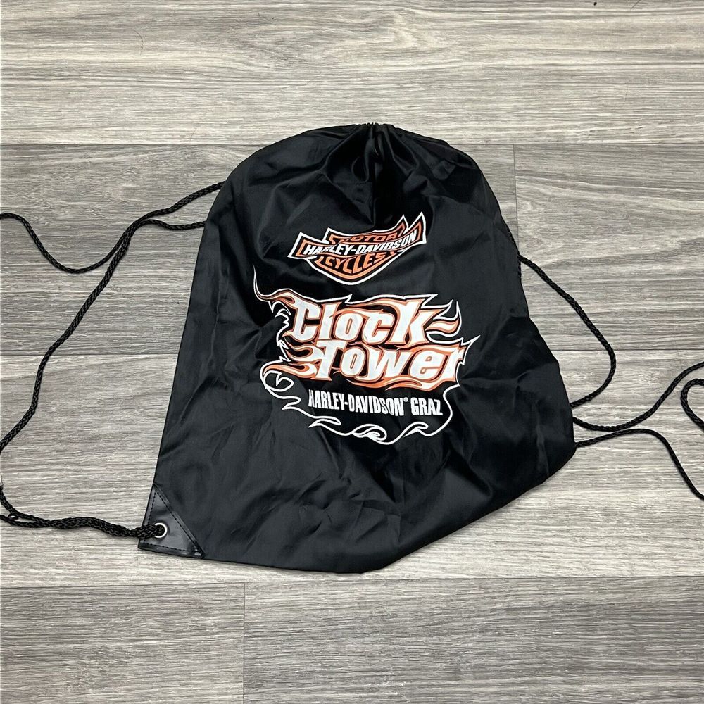Harley Davidson Gym Bag Black Cinch Drawstring Backpack Sack Biker Flame Fire